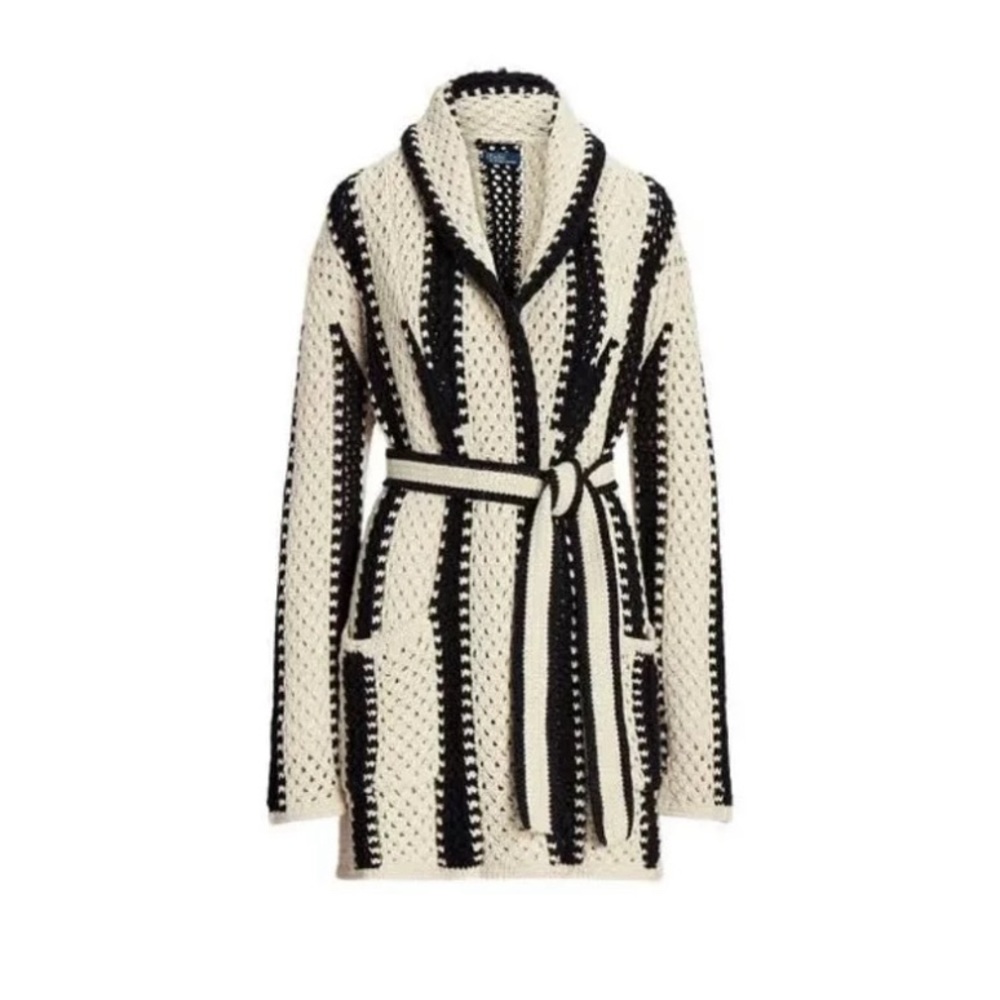 Ralph Lauren Geo Stripe Linen Cotton Crochet Shawl Cardigan Sweater XL NWT - Picture 2 of 5